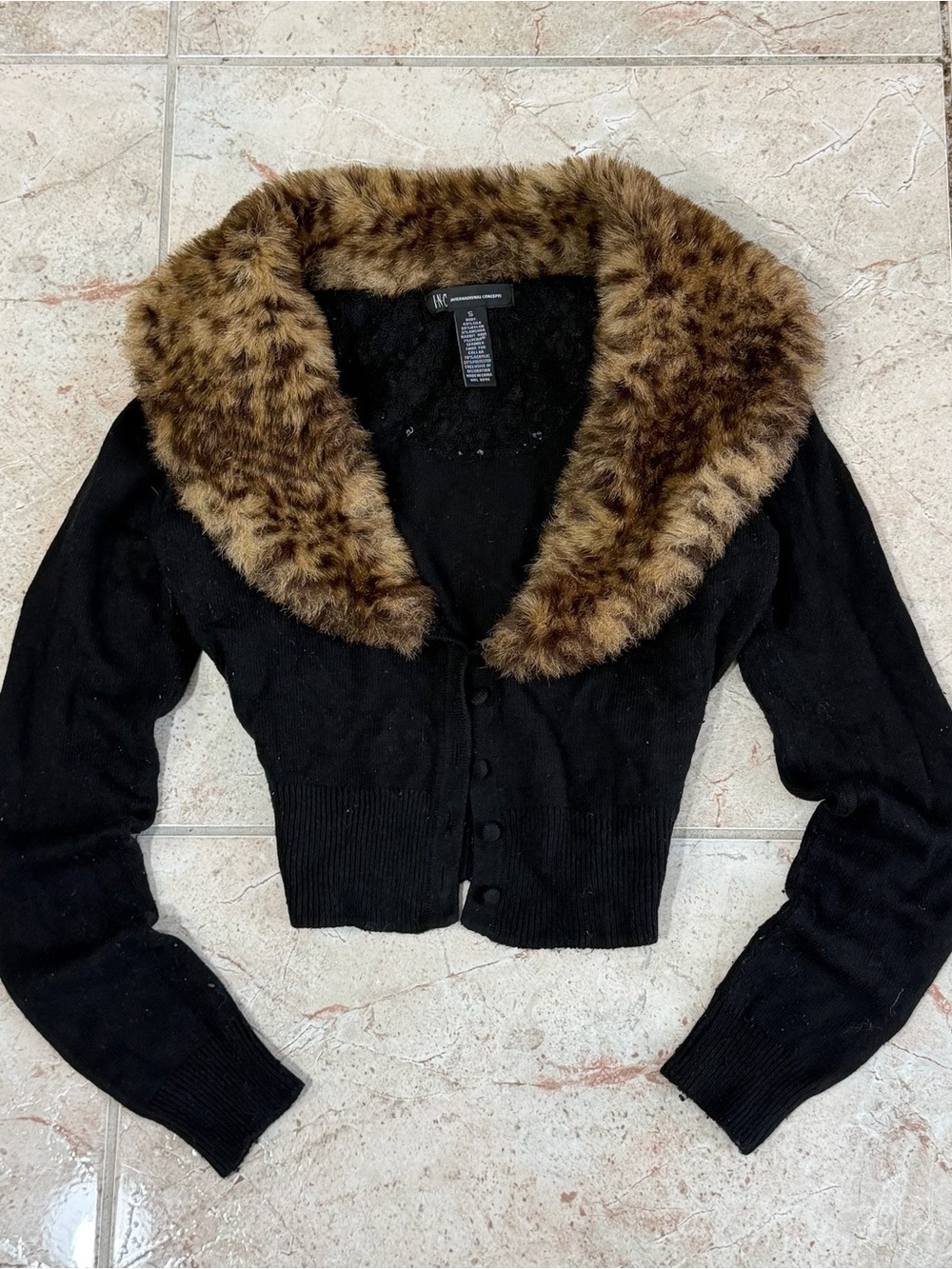 INC International Concepts Black Cardigan with Brown Faux Fur Collar